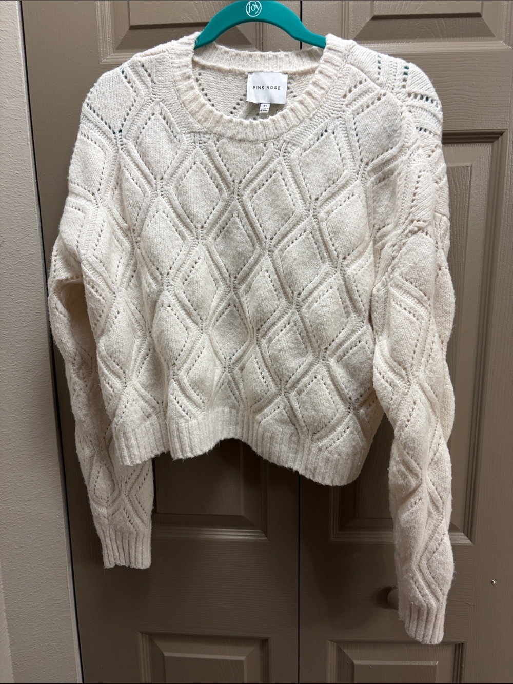 Pink Rose Cream Diamond Pointelle Crewneck Sweater